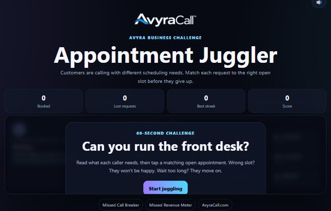 Appointment Juggler 60-second front-desk scheduling challenge.