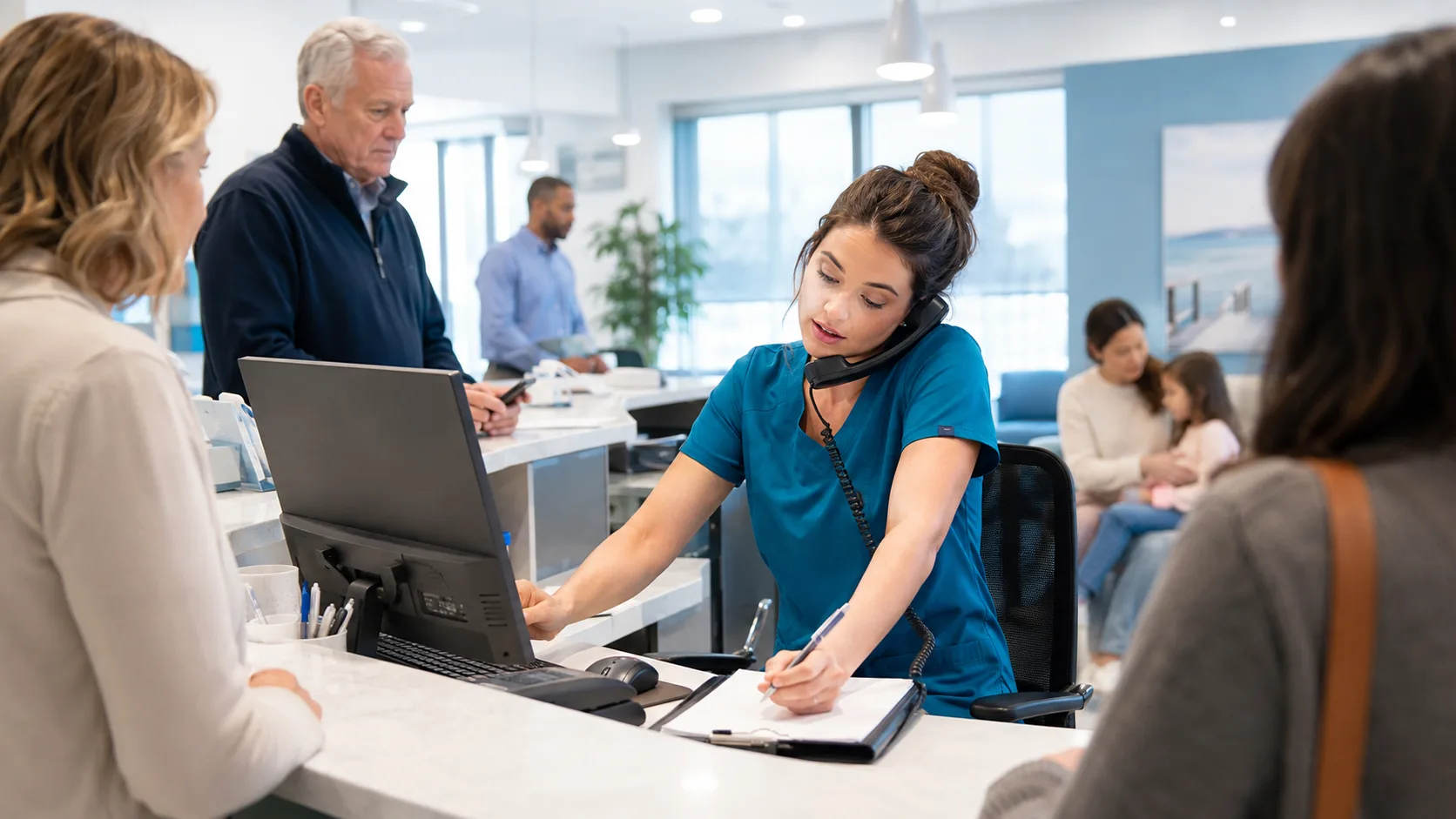 Busy clinic receptionist handling a patient call while assisting visitors