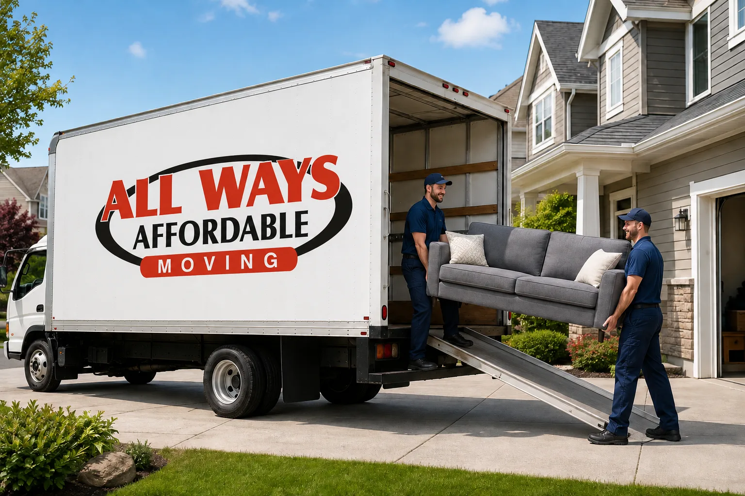 Moving crew loading a sofa into a moving truck outside a home