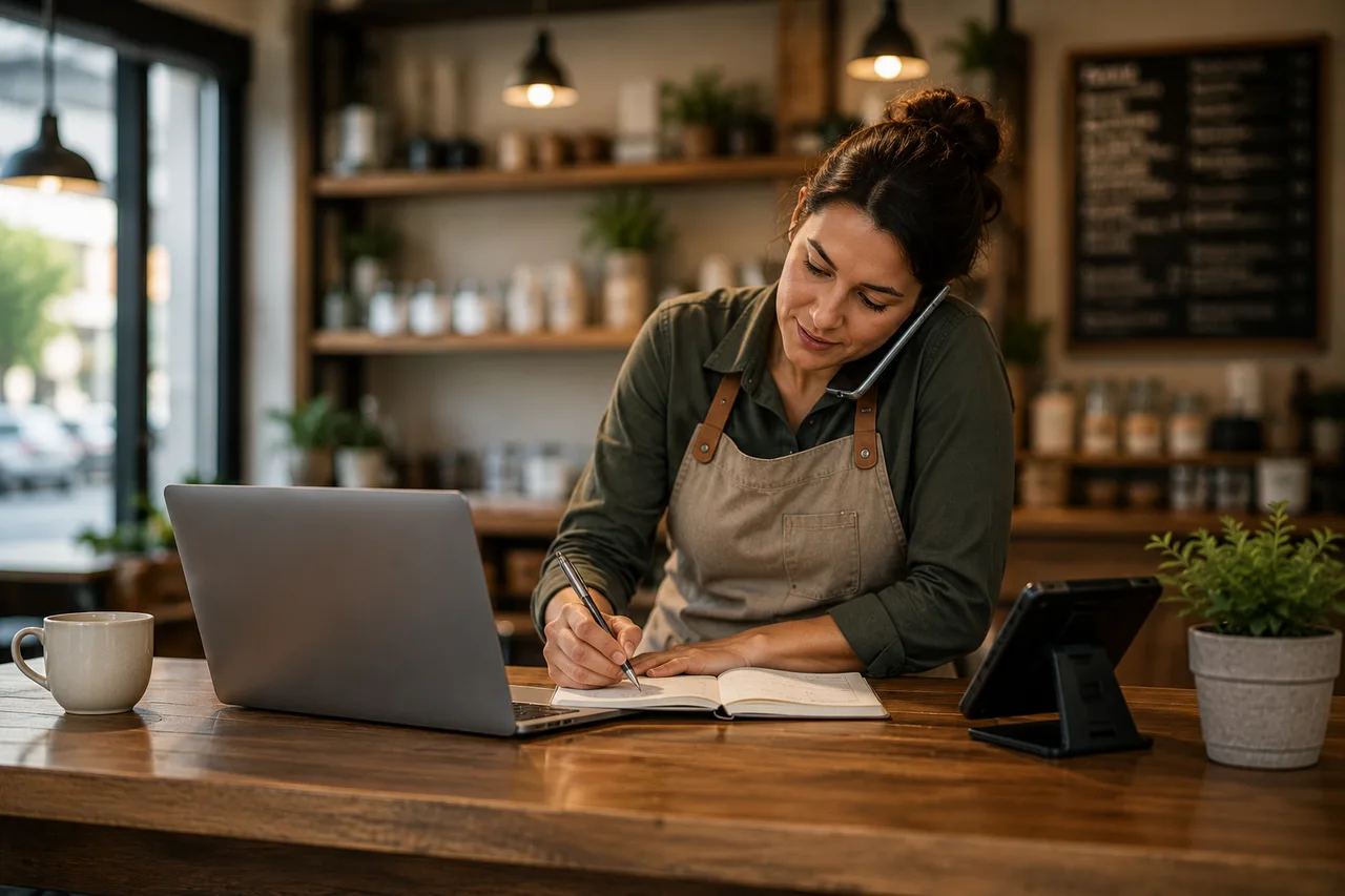Small business owner working while a customer call comes in