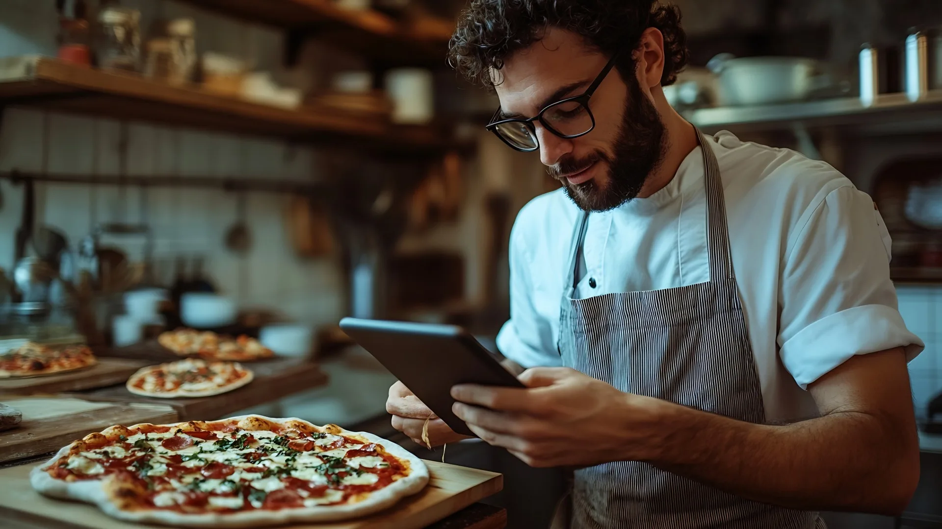 Restaurant owner managing online orders while the kitchen stays busy