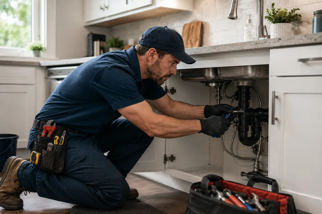 Plumber repairing pipes beneath a kitchen sink
